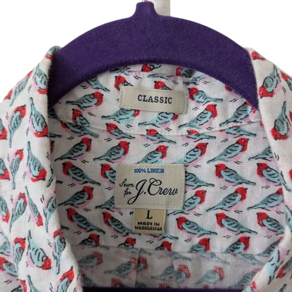 J. Crew 100% Linen Classic Short Sleeve Sz Large Bird Print White Shirt Preppy - Picture 9 of 9
